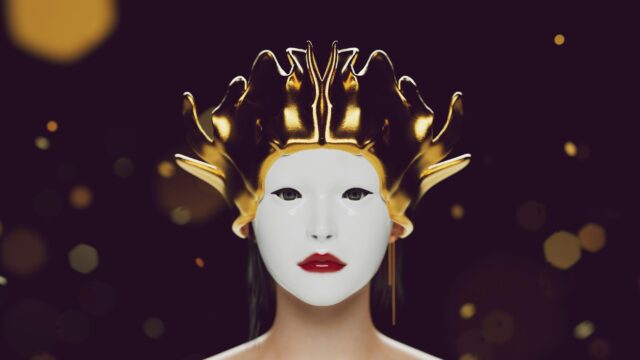 Mystical Woman with Golden Crown and Porcelain Mask 4K Wallpaper