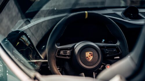 Close Up Porsche Steering Wheel Interior Luxury Sportscar 4K Wallpaper