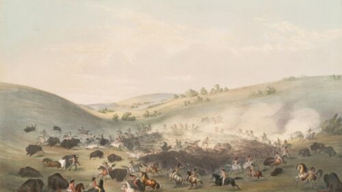 Native American Buffalo Hunt Historic Illustration Desktop Wallpaper