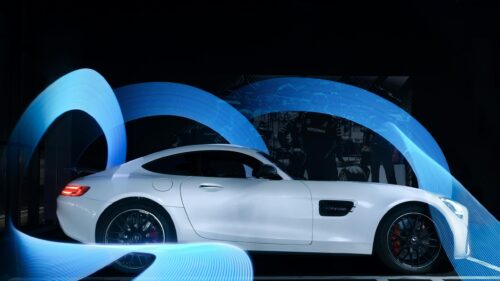 White Mercedes-AMG GT with Dynamic Blue Light Painting 4K Wallpaper
