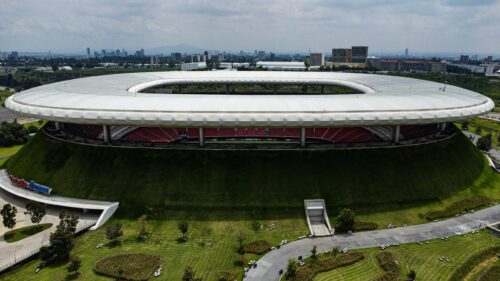 Aerial View of Akron Stadium in Zapopan Mexico Desktop Wallpaper