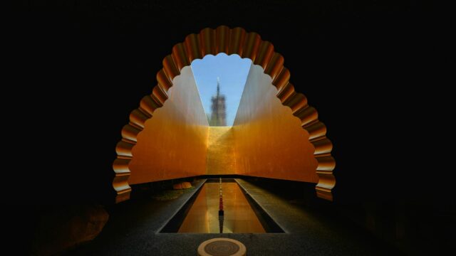 Golden Archway and Reflecting Pool Spiritual Architecture 4K Wallpaper