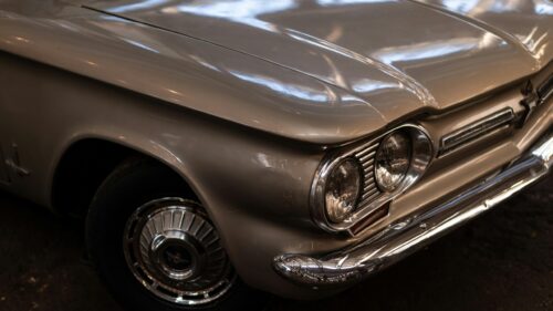 Vintage Silver Chevrolet Corvair Classic Car 4K Desktop Wallpaper