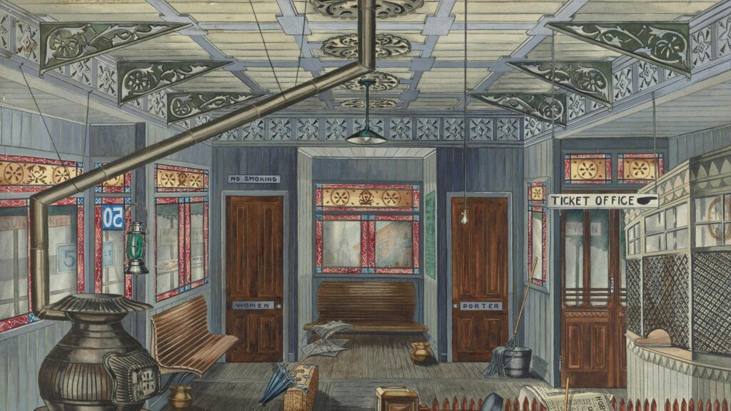 Vintage Railway Station Waiting Room Illustration Desktop Wallpaper