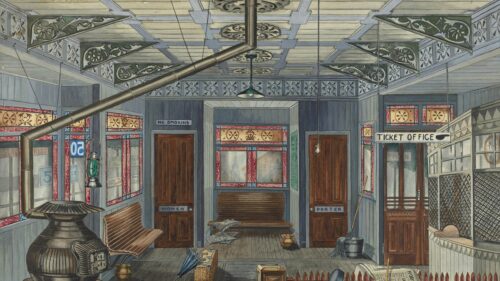 Vintage Railway Station Waiting Room Illustration Desktop Wallpaper