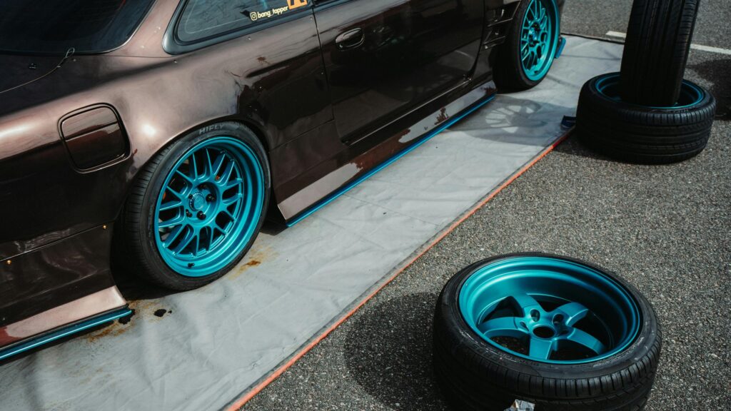 Custom Brown JDM Drift Car with Teal Wheels 4K Wallpaper