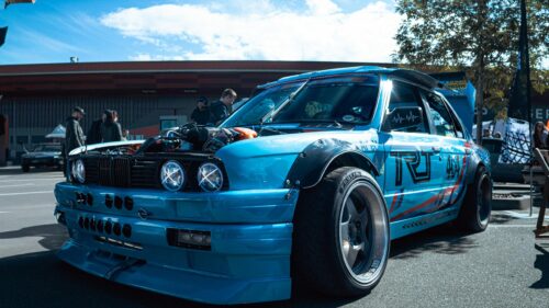 Custom Blue Drift BMW E30 Widebody Race Car Desktop Wallpaper
