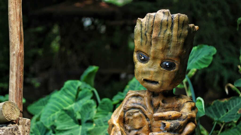 Baby Groot Garden Statue Nature Fantasy 4K Wallpaper