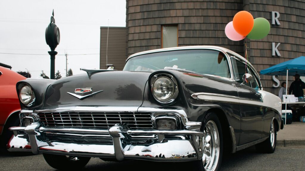 Classic Gray 1956 Chevrolet Bel Air with Balloons Desktop Wallpaper