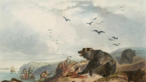 Grizzly Bear Encounter with Hunters on a Riverbank 4K Desktop Wallpaper