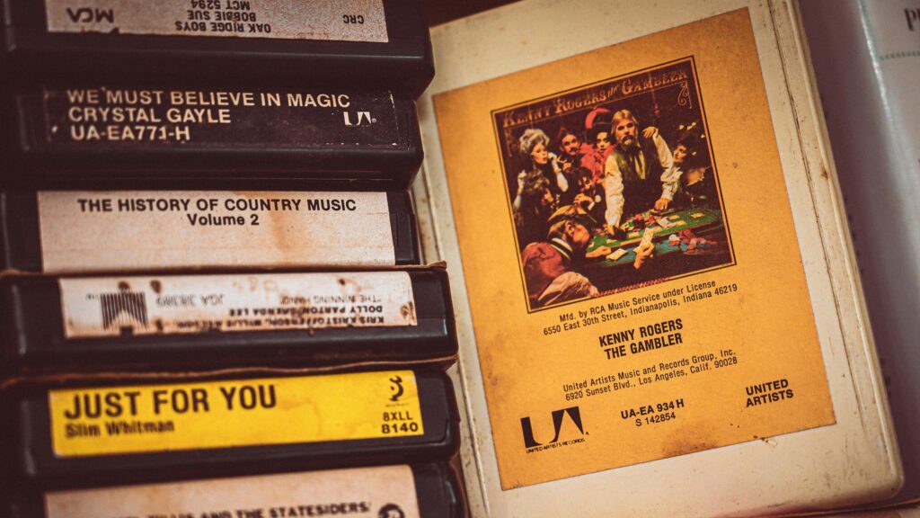 Vintage Country Music 8-Track Tapes Collection Desktop Wallpaper