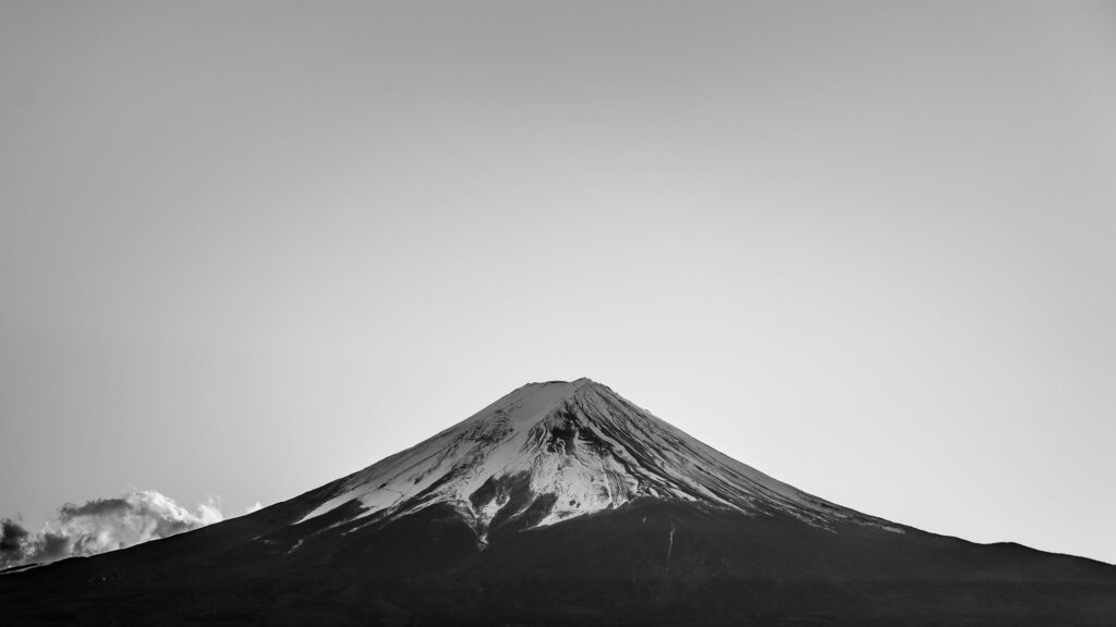 Iconic Mount Fuji Snow-Capped Peak Black and White Desktop Wallpaper