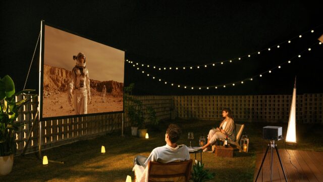Couple Watching Sci-Fi Movie in Backyard Garden 4K Desktop Wallpaper