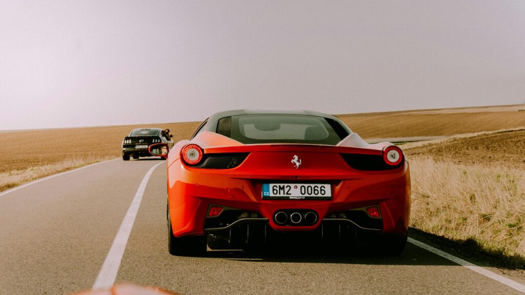 Ferrari 458 Italia and Ford Mustang Road Drive 4K Wallpaper