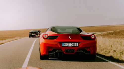 Ferrari 458 Italia and Ford Mustang Road Drive 4K Wallpaper