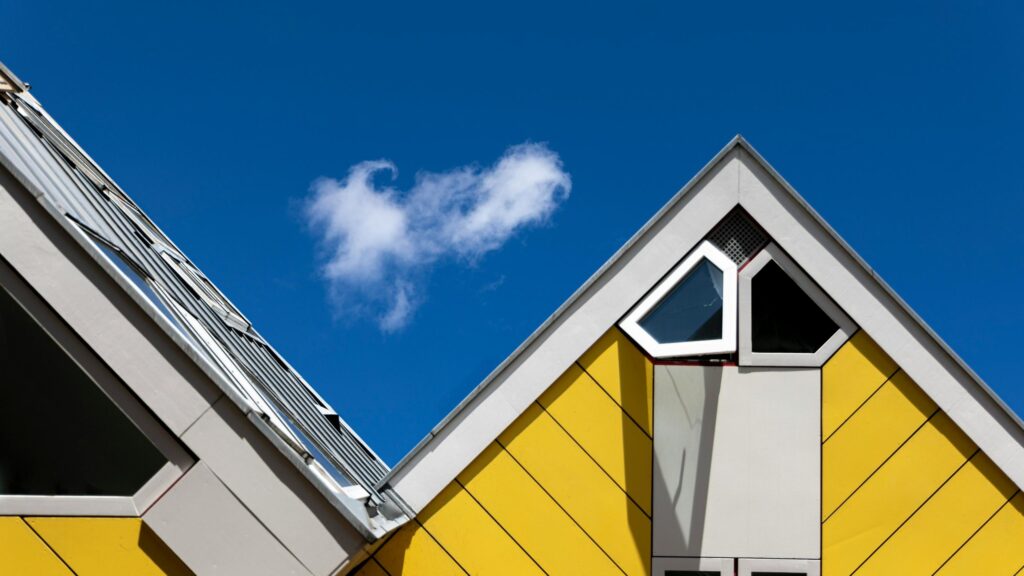 Geometric Yellow Cube House Architecture 4K Desktop Wallpaper