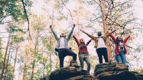 Group of Friends Celebrating Success in Nature Forest 4K Wallpaper