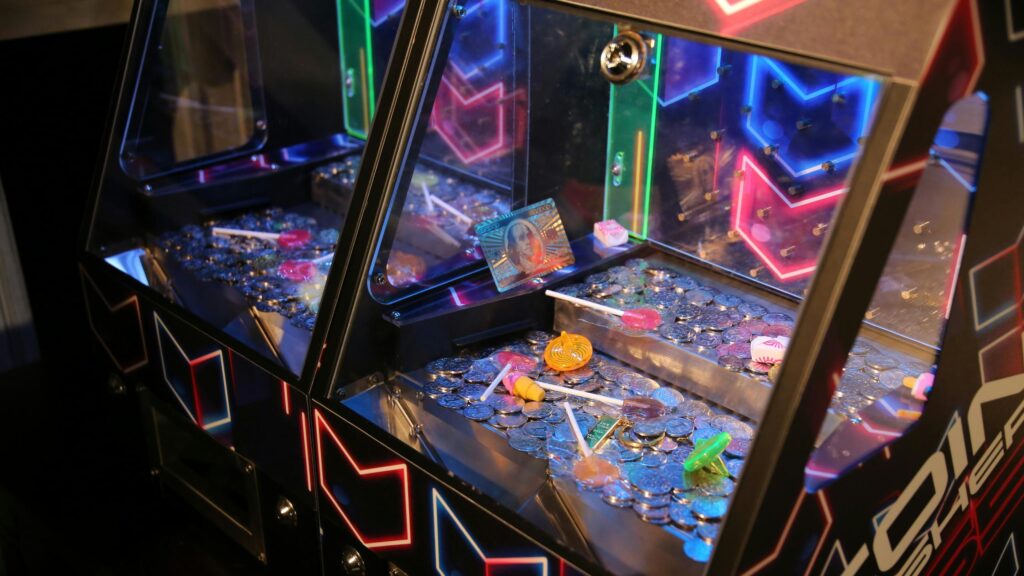 Neon Coin Pusher Arcade Game Machine 4K Desktop Wallpaper