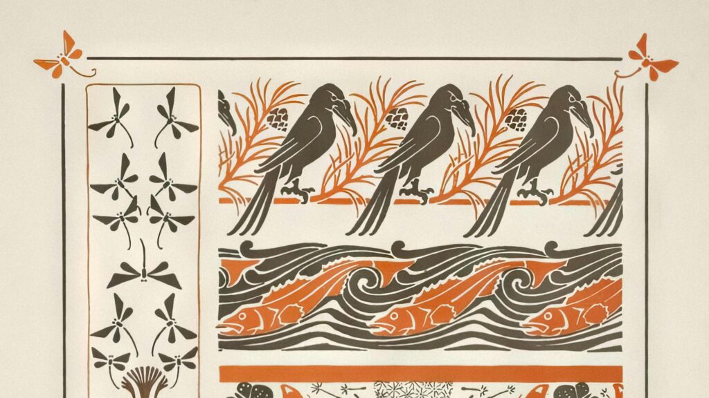 Vintage Japanese Art Crows and Fish Pattern Illustration Desktop Wallpaper