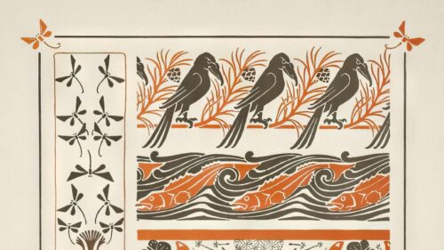 Vintage Japanese Art Crows and Fish Pattern Illustration Desktop Wallpaper