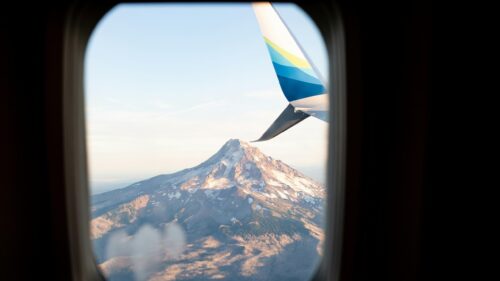 Breathtaking Aerial View of Mount Hood from Airplane Window 4K Wallpaper