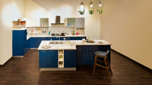 Modern Blue Kitchen Interior Design 4K Desktop Wallpaper
