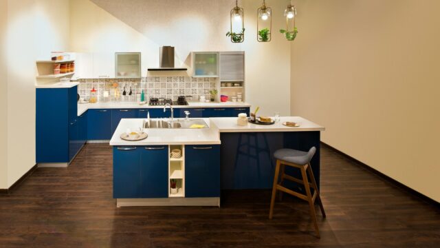 Modern Blue Kitchen Interior Design 4K Desktop Wallpaper