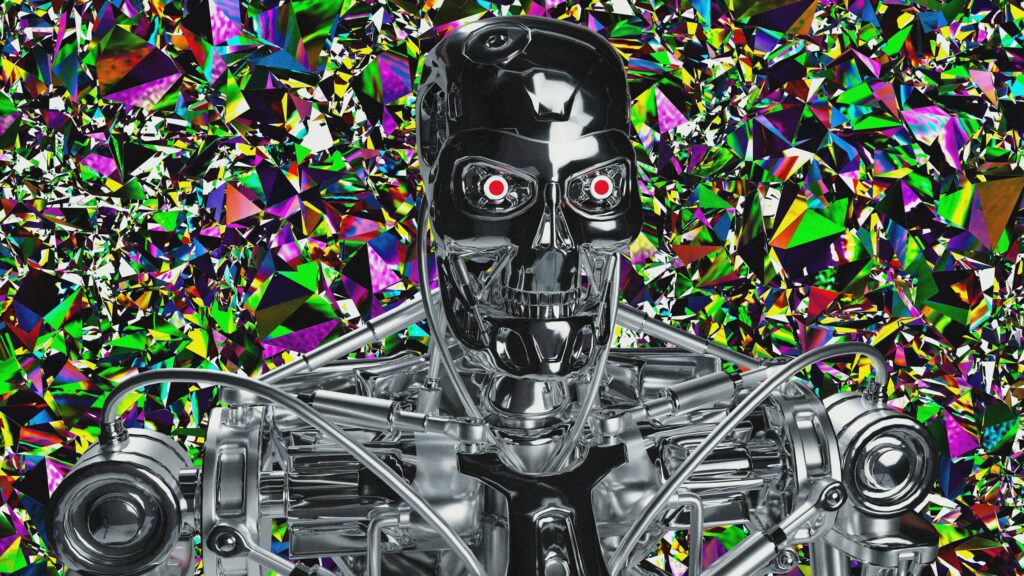 Metallic Terminator Robot with Abstract Psychedelic Background 4K Wallpaper