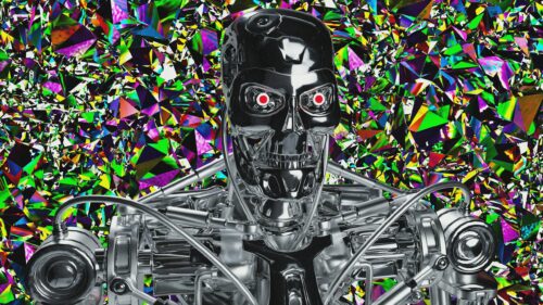 Metallic Terminator Robot with Abstract Psychedelic Background 4K Wallpaper