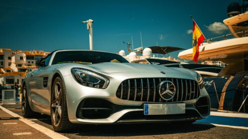 Silver Mercedes-AMG GT Sports Car at the Marina 4K Wallpaper