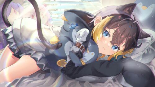 Cute Anime Girl with Cat Ears and Penguin Plushie Desktop Wallpaper