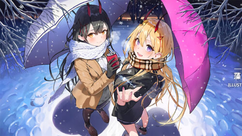 Anime Girls in Winter Snowfall with Umbrellas Desktop Wallpaper