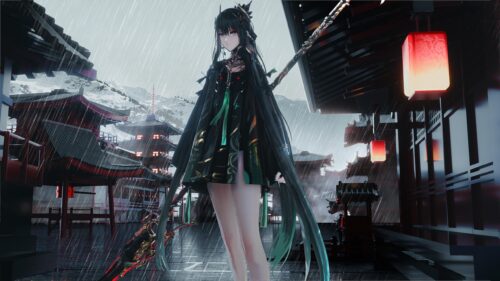 Anime Girl with Spear in Traditional Japanese Temple Setting 4K Desktop Wallpaper