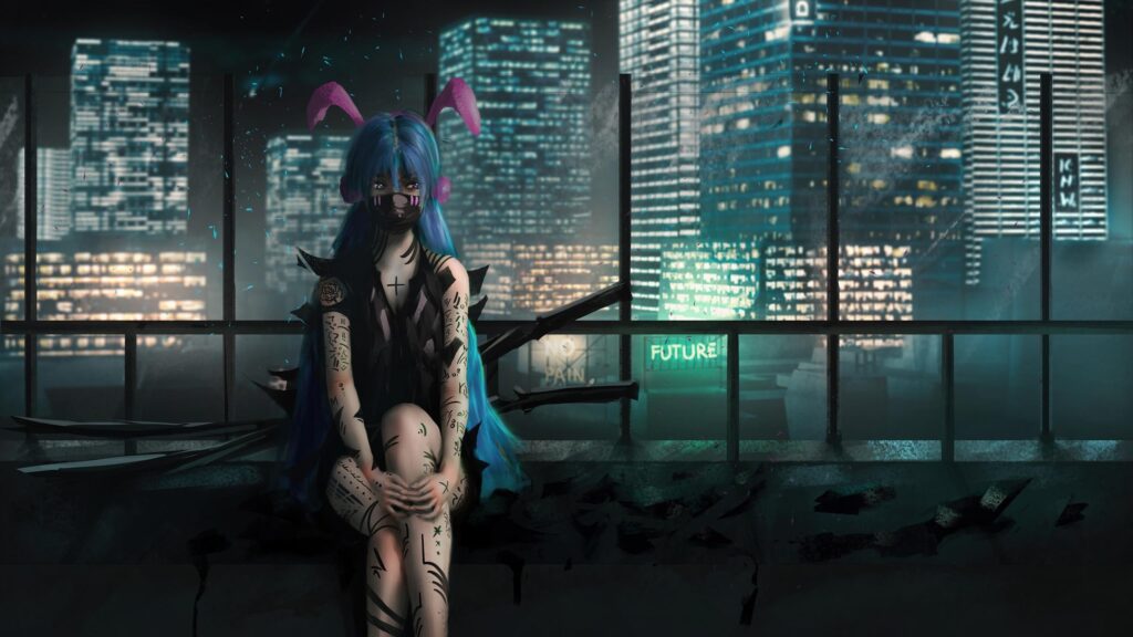 Cyberpunk Girl with Blue Hair and Bunny Ears Sitting on Rooftop PC Wallpaper