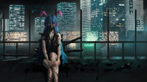 Cyberpunk Girl with Blue Hair and Bunny Ears Sitting on Rooftop PC Wallpaper