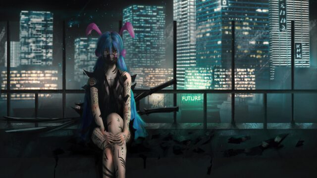 Cyberpunk Girl with Blue Hair and Bunny Ears Sitting on Rooftop PC Wallpaper
