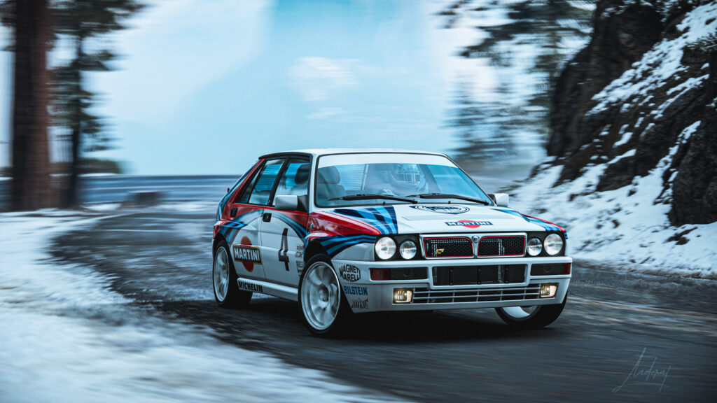Lancia Delta HF Integrale Martini Racing in Snow Drift 4K Desktop Wallpaper