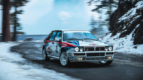 Lancia Delta HF Integrale Martini Racing in Snow Drift 4K Desktop Wallpaper