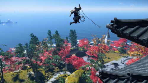 Jin Sakai Grappling Hook Jump Ghost of Tsushima 4K Desktop Wallpaper
