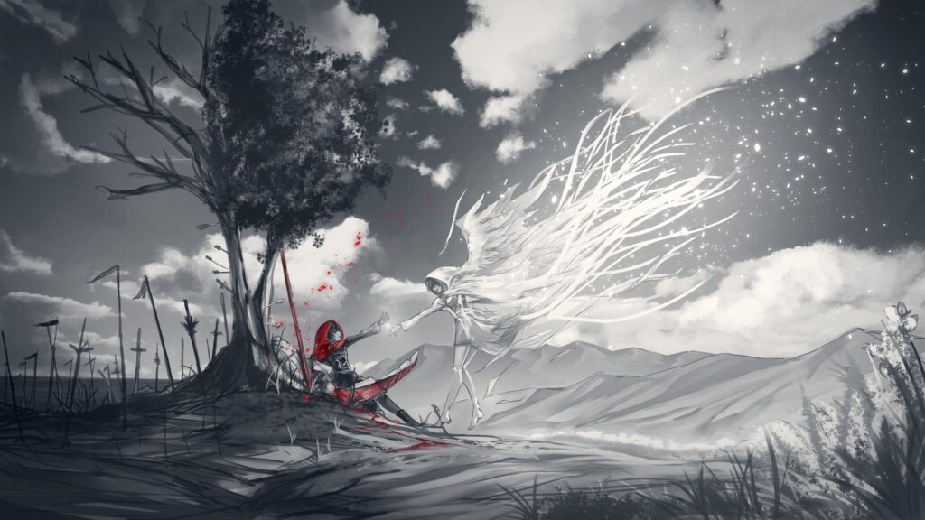 Anime Girl Reaching for an Angelic Spirit in a Desolate Landscape PC Wallpaper
