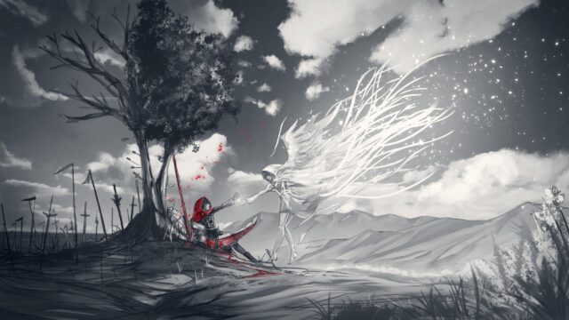Anime Girl Reaching for an Angelic Spirit in a Desolate Landscape PC Wallpaper