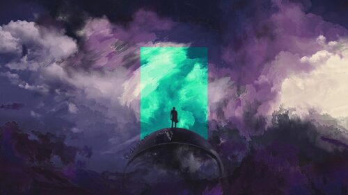 Solitary Figure Standing Before a Radiant Teal Portal in a Violet Stormy Sky Desktop Wallpaper