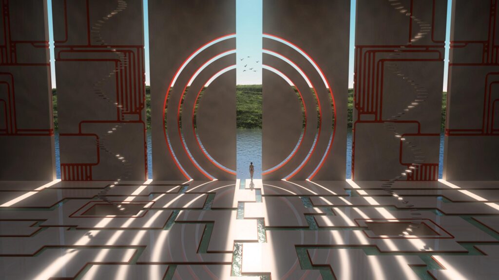 Surreal Cyberpunk Portal and Futuristic Architecture Desktop Wallpaper