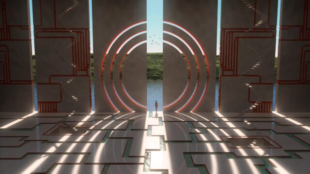 Surreal Cyberpunk Portal and Futuristic Architecture Desktop Wallpaper