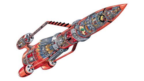 Detailed Red Sci-Fi Spaceship Cutaway Interior Cross Section PC Wallpaper