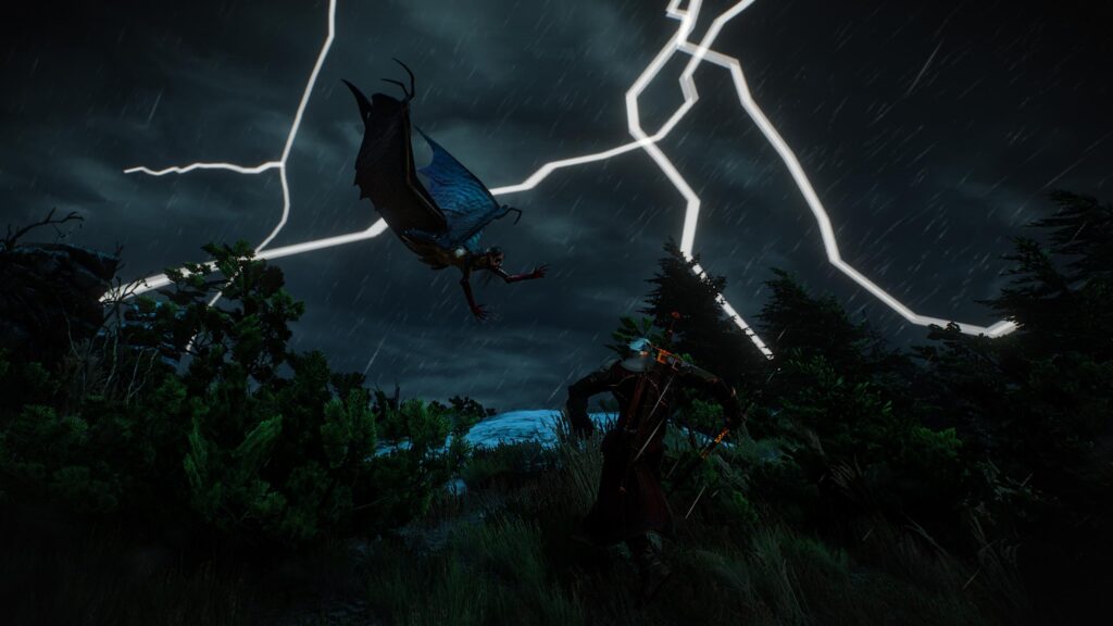 Geralt of Rivia Fighting a Harpy Under Stormy Skies 4K Wallpaper