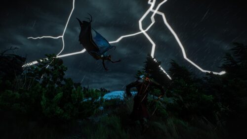 Geralt of Rivia Fighting a Harpy Under Stormy Skies 4K Wallpaper