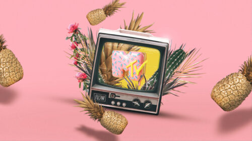 Retro MTV Television with Tropical Pineapples and Pink Background 4K Desktop Wallpaper
