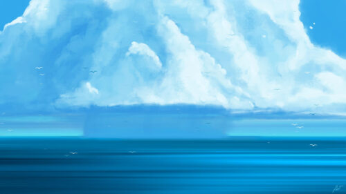 Minimalist Blue Ocean and Cumulus Clouds Landscape 4K PC Wallpaper