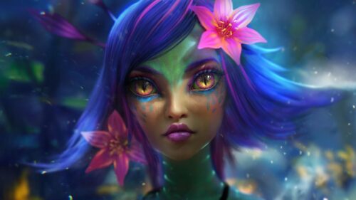 Mystical Fantasy Girl with Glowing Eyes and Purple Hair 4K Desktop Wallpaper